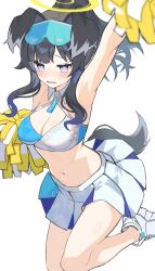 Rule 34 | 1girl, animal ears, arm up, black hair, blue archive, blue skirt, breasts, bright pupils, cheerleader, cleavage, clothes writing, dog ears, dog girl, dog tail, eyewear on head, halo, hibiki (blue archive), hibiki (cheer squad) (blue archive), highres, medium breasts, midriff, millennium cheerleader outfit (blue archive), navel, pom pom (cheerleading), purple eyes, ruwo benzen, simple background, skirt, solo, sunglasses, tail, thighs, two-tone skirt, white background, white pupils, white skirt