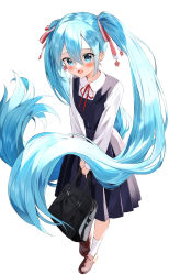 Rule 34 | 1girl, :d, absurdres, aqua eyes, bag, blue hair, blush, commentary request, dress, full body, hair between eyes, hair ribbon, hatsune miku, highres, long hair, long sleeves, looking at viewer, neck ribbon, open mouth, pentagon (railgun ky1206), pinafore dress, pleated dress, red footwear, red ribbon, ribbon, school uniform, shirt, shoes, simple background, skirt, sleeveless dress, smile, solo, twintails, very long hair, vocaloid, white background, white shirt