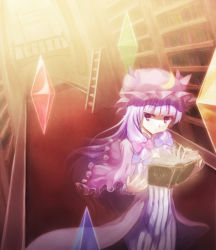 Rule 34 | 1girl, blush, book, bookshelf, bow, breasts, crescent, crystal, dress, ecens, female focus, hair bow, hat, highres, library, long hair, patchouli knowledge, philosopher&#039;s stone, purple eyes, purple hair, ribbon, solo, touhou, voile
