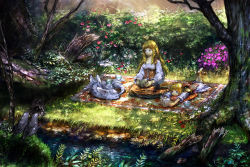 Rule 34 | 2girls, animal, bird, blanket, blonde hair, blouse, blue eyes, book, breasts, cup, dappled sunlight, flower, holding, holding book, large breasts, long hair, looking away, lying, multiple girls, on stomach, open book, original, outdoors, parted lips, picnic, plant, plate, saucer, seiza, shirt, sitting, smile, sunlight, tea, teacup, toyo, tree, white shirt