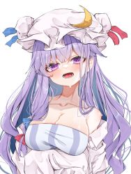 Rule 34 | 1girl, absurdres, bare shoulders, blunt bangs, breasts, cleavage, collarbone, dress, hat, highres, large breasts, long hair, looking at viewer, mob cap, open mouth, patchouli knowledge, purple eyes, purple hair, shirt, simple background, solo, strapless, strapless dress, striped, sweat, teeth, touhou, tsune (tune), vertical stripes, very long hair, wavy hair, white background, white hat, white shirt