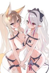 Rule 34 | 2girls, absurdres, animal ear fluff, animal ears, artist name, ass, bare shoulders, bella (vtuber), between breasts, beyumi, black headband, black nails, blonde hair, blood, blood on face, bow, breast press, breasts, brown hair, closed mouth, covered erect nipples, crossed bandaids, curled fingers, demon girl, demon tail, eyelashes, garter belt, garter straps, hair between eyes, hair bow, hair ornament, headband, highres, holding hands, large breasts, long hair, medium breasts, midriff, multicolored hair, multiple girls, nail polish, navel, original, pink eyes, pink hair, pointy ears, ponytail, red eyes, revealing clothes, sidelocks, simple background, star (symbol), star hair ornament, streaked hair, tail, thigh strap, thighs, two-tone hair, very long hair, virtual youtuber, white background, white hair