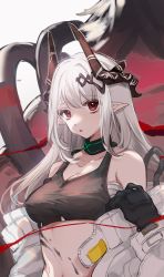 Rule 34 | 1girl, arknights, bandages, bare shoulders, black collar, breasts, chinese commentary, collar, commentary request, crop top, grey background, horns, long hair, looking at viewer, material growth, medium breasts, midriff, mudrock (arknights), mudrock (elite ii) (arknights), off shoulder, oripathy lesion (arknights), parted lips, partial commentary, pointy ears, red eyes, sarashi, silver hair, solo, sports bra, stomach, syuyu0220, upper body