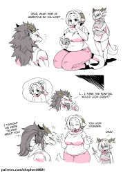 Rule 34 | !?, 1boy, 2girls, alternate hairstyle, beth (modern mogal), comic, commentary, dino (modern mogal), dragon boy, dragon girl, dragon horns, dragon tail, family, father and daughter, furry, furry female, furry male, highres, horns, imagining, levia (modern mogal), limited palette, mother and daughter, multiple girls, original, patreon username, shepherd0821, size difference, tail, thick eyebrows, thick thighs, thighs, thought bubble