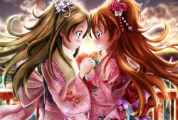 Rule 34 | 2girls, ballpoint pen (medium), blue eyes, blurry, blurry background, blush, brown hair, closed mouth, couple, embarrassed, eye contact, floating hair, floral print, flower, from side, fur-trimmed kimono, fur trim, green eyes, hair between eyes, hair flower, hair ornament, highres, holding hands, houjou hibiki, japanese clothes, kimono, long hair, long sleeves, looking at another, minamino kanade, mito youki, multiple girls, nengajou, new year, obi, pink kimono, precure, print kimono, profile, red flower, sash, short twintails, smile, suite precure, sunset, traditional media, twintails, very long hair, white flower, yukata, yuri