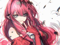 Rule 34 | 1girl, baobhan sith (fate), bare shoulders, debris, detached sleeves, dress, earrings, fate/grand order, fate (series), highres, jewelry, long hair, looking at viewer, miroku (butuzo33), pink hair, pointy ears, red dress, red nails, sidelocks, smile, solo, tiara