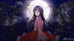 Rule 34 | 1girl, bamboo, bamboo forest, black hair, blunt bangs, bow, bowtie, brown eyes, collared shirt, floral print, forest, highres, hime cut, houraisan kaguya, japanese clothes, long hair, long skirt, long sleeves, moon, nature, night, outdoors, pink shirt, red skirt, shirt, skirt, sleeves past wrists, touhou, very long hair, white bow, white neckwear, wide sleeves, zhangyunhah