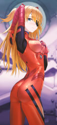 1girl, absurdres, arm up, bangs, black eyepatch, blue eyes, blurry, blurry background, blush, bodysuit, breasts, closed mouth, commentary request, cowboy shot, evangelion: 3.0 you can (not) redo, eyebrows visible through hair, eyepatch, from side, gloves, hair between eyes, hand on own chest, hand up, highres, interface headset, junkt729, long hair, long sleeves, looking at viewer, looking to the side, medium breasts, neon genesis evangelion, orange hair, rebuild of evangelion, red bodysuit, solo, soryu asuka langley, standing, two side up