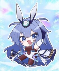 Rule 34 | 10northern11, 1girl, azur lane, blue eyes, blue hair, chibi, coat, full body, gloves, hair between eyes, headgear, long hair, looking at viewer, new jersey (azur lane), open clothes, open coat, open mouth, outline, smile, solo, star-shaped pupils, star (symbol), symbol-shaped pupils, white coat, white gloves, white outline