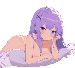 Rule 34 | 1girl, ahoge, arm support, ass, azur lane, breasts, cleavage, closed mouth, commentary, commission, completely nude, english commentary, eyebrows hidden by hair, hair ornament, happy, highres, large breasts, light blush, light smile, long hair, looking at viewer, myown, nude, on pillow, pixiv commission, purple eyes, purple hair, shadow, sidelocks, simple background, solo, stuffed unicorn, tareme, unicorn (azur lane), very long hair, white background