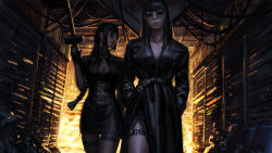 Rule 34 | 2girls, backlighting, black coat, black dress, black hair, braid, breasts, cleavage, cleavage cutout, closed mouth, clothing cutout, coat, commentary, dress, grey-framed eyewear, gun, guweiz, hands in pockets, highres, holding, holding gun, holding weapon, long hair, long sleeves, looking at viewer, looking away, looking to the side, medium breasts, multiple girls, original, short sleeves, single braid, submachine gun, sunglasses, symbol-only commentary, thompson submachine gun, tinted eyewear, very long hair, weapon