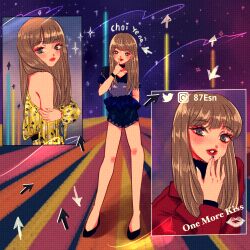 Rule 34 | 1girl, 87esn, animification, arrow (symbol), black choker, black footwear, black sweater, bright pupils, brown hair, choi ye-na, choker, clothing cutout, collarbone, eyeshadow, finger to mouth, full body, grey eyes, hand on own arm, head tilt, highres, instagram logo, izone, jacket, k-pop, lipstick mark, long hair, looking at viewer, makeup, multiple views, parted lips, real life, red eyeshadow, red jacket, red lips, romper, shirt, shoulder cutout, shushing, sweater, twitter logo, white pupils, yellow shirt