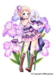 Rule 34 | 1girl, :d, blonde hair, boots, braid, breasts, brown footwear, choker, cleavage, flower, flower knight girl, frills, full body, german iris (flower knight girl), hair flower, hair ornament, knee boots, kurot, looking at viewer, name connection, object namesake, official art, open mouth, pink skirt, plaid, plaid skirt, purple eyes, purple shirt, shirt, short hair, skirt, smile, solo, standing, thighhighs, thighhighs under boots, white background, white thighhighs