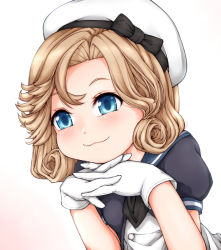 Rule 34 | 1girl, blonde hair, blue eyes, blue sailor collar, commentary request, dress, gloves, hat, haty, janus (kancolle), kantai collection, own hands clasped, own hands together, parted bangs, sailor collar, sailor dress, sailor hat, short hair, short sleeves, simple background, smile, solo, white background, white dress, white gloves, white hat