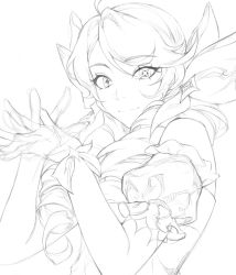 Rule 34 | 1girl, absurdres, bare shoulders, bow, closed mouth, detached sleeves, dress, drill hair, greyscale, gwen (league of legends), hair bow, hair ornament, hands up, highres, league of legends, long hair, monochrome, own hands together, potatohell, simple background, sketch, smile, solo, star-shaped pupils, star (symbol), symbol-shaped pupils, twin drills, twintails, upper body