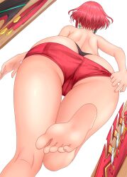 Rule 34 | 1girl, absurdres, aegis sword (xenoblade), ass, ass focus, backboob, barefoot, breasts, dangle earrings, drop earrings, earrings, feet, feichu keju, foot focus, foreshortening, from below, highres, huge ass, jewelry, large breasts, no shoes, pyra (xenoblade), red hair, red shorts, short hair, short shorts, shorts, soles, solo, toes, topless, undressing, xenoblade chronicles (series), xenoblade chronicles 2