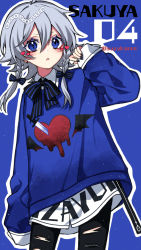 Rule 34 | 1girl, alternate costume, black bow, black bowtie, black nails, black pants, blue background, blue eyes, blue sweater, blush, bow, bowtie, braid, character name, clothes writing, contemporary, cowboy shot, grey hair, hair between eyes, hair bow, hand up, heart, heart print, highres, izayoi sakuya, kyouda suzuka, looking at viewer, medium hair, mismatched pupils, nail polish, open mouth, pants, print sweater, shirt, simple background, sleeves past wrists, solo, striped bow, striped bowtie, striped clothes, sweater, symbol-shaped pupils, torn clothes, torn pants, touhou, twin braids, twitter username, v-shaped eyebrows, white shirt