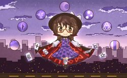Rule 34 | 1girl, akihiyo, brown eyes, brown hair, cape, chibi, cityscape, clothes writing, cloud, glasses, hat, highres, kneehighs, low twintails, occult ball, plaid, red-framed eyewear, school uniform, sky, smile, socks, solo, star (sky), starry sky, touhou, twintails, usami sumireko, white socks