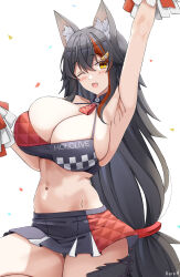 Rule 34 | 1girl, animal ear fluff, animal ears, arm up, armpits, black hair, breasts, cheerleader, cleavage, confetti, cowboy shot, hair between eyes, halterneck, highres, holding, holding pom poms, hololive, huge breasts, keenh, long hair, looking at viewer, low-tied long hair, microskirt, millennium cheerleader outfit (blue archive), multicolored hair, navel, one eye closed, ookami mio, open mouth, orange eyes, pom pom (cheerleading), pom poms, race queen, skindentation, skirt, smile, solo, standing, standing on one leg, streaked hair, very long hair, virtual youtuber, wolf ears