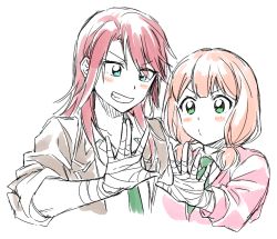 Rule 34 | &gt;:), 2girls, bandaged hand, bang dream!, blazer, blue eyes, blush, cardigan, collared shirt, green eyes, green neckwear, grey jacket, grin, jacket, long hair, long sleeves, low twintails, multiple girls, necktie, outstretched hand, pale color, partially colored, pink cardigan, re ghotion, red hair, shirt, short twintails, simple background, sketch, sleeves pushed up, smile, twintails, udagawa tomoe, uehara himari, upper body, v-shaped eyebrows, white background