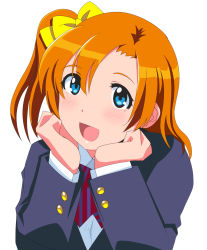 Rule 34 | 1girl, absurdres, artist name, artist request, blue eyes, blue jacket, blush, bow, collared shirt, doki2sdale, female focus, hair between eyes, hands on chin, highres, jacket, kosaka honoka, looking at viewer, love live!, love live! school idol project, orange hair, otonokizaka school uniform, parted lips, red bow, school uniform, shirt, side ponytail, smile, solo, striped, striped bow, white background, white shirt, yellow bow