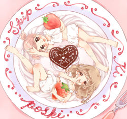 Rule 34 | 2girls, :d, bad id, bad pixiv id, barefoot, bloomers, blush, braid, brown hair, candy, child, chocolate, chocolate heart, cream, drowsy, food, fork, fruit, heart, kicham, lying, multiple girls, navel, on back, open mouth, oversized object, pink hair, plate, short hair, short twintails, sleepy, smile, strawberry, twintails, underwear