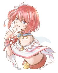 Rule 34 | 1girl, :d, blue eyes, crop top, falcom, hair between eyes, hair ornament, highres, io (ys), mishiro (andante), neck ribbon, open mouth, pink hair, red ribbon, ribbon, short hair, side ponytail, simple background, smile, solo, twitter username, upper body, white background, ys, ys viii lacrimosa of dana