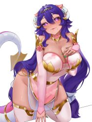 Rule 34 | 1girl, breasts, cleavage, closed mouth, commission, detached collar, dress, fingernails, flower, gold collar, gold trim, green nails, hair between eyes, highres, horn ornament, horns, indie virtual youtuber, large breasts, long hair, mole, mole under each eye, mole under eye, mole under mouth, multiple moles, pink dress, pink flower, pink sleeves, purple eyes, purple hair, sharp fingernails, sleeveless, sleeveless dress, solo, strapless, strapless dress, tail, tan, thighhighs, thumb ring, tiara, vgen commission, virtual youtuber, white horns, white thighhighs, yoshiii