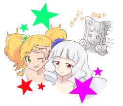 Rule 34 | 3girls, aikatsu! (series), aikatsu stars!, multiple girls, nikaidou yuzu, red eyes, renpounasu, saotome ako, shirogane lilly, star (symbol), upper body, white background, yuri