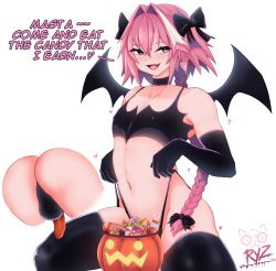 Rule 34 | 1boy, absurdres, ass, astolfo (fate), black gloves, black socks, black thighhighs, blush, braid, braided ponytail, choker, covered erect nipples, elbow gloves, english text, facing viewer, fang, fate/apocrypha, fate (series), flaccid, gloves, halloween, highres, male focus, matching hair/eyes, panties, panty pull, penis, penis in panties, pink eyes, pink hair, presenting, pumpkin, ryz ryz, simple background, skin fang, socks, testicles, thighhighs, thighs, thong, trap, underwear, white background, yaoi