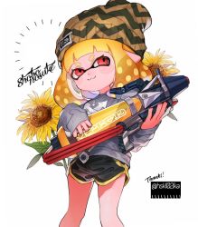 Rule 34 | 1girl, :3, anchor symbol, beanie, black shorts, blonde hair, blunt bangs, brown hat, closed mouth, commentary, english text, flower, grey shirt, hat, holding, holding weapon, inkling, inkling (language), inkling girl, inkling player character, logo, long sleeves, looking at viewer, medium hair, nintendo, pointy ears, red eyes, shirt, short shorts, shorts, simple background, sleeves past wrists, smirk, solo, splatoon (series), splatoon 2, splattershot pro (splatoon), standing, sunflower, symbol-only commentary, tentacle hair, twitter username, weapon, white background, yoshida (ne)