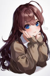 Rule 34 | 1girl, :3, absurdres, ahoge, artist name, blue eyes, blush, brown hair, closed mouth, grey background, hands on own cheeks, hands on own face, head rest, highres, ichinose shiki, idolmaster, idolmaster cinderella girls, kudou (sikisiki0000), long hair, long sleeves, looking at viewer, shirt, signature, simple background, sleeves past wrists, smile, solo, sweater, upper body