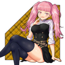 Rule 34 | 1girl, :d, ass, belt, black skirt, black thighhighs, blush, breasts, crossed legs, feet out of frame, fire emblem, fire emblem: three houses, garreg mach monastery uniform, hand up, highres, hilda valentine goneril, large breasts, nintendo, open mouth, pink eyes, pink hair, simple background, sitting, skirt, sleeves rolled up, smile, solo, thick thighs, thighhighs, thighs, twintails, uniform, ushimittsu, zettai ryouiki