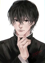 Rule 34 | 1boy, artist name, bad id, bad twitter id, black hair, black jacket, chainsaw man, earrings, gakuran, hand on own chin, highres, jacket, jewelry, looking at viewer, messy hair, mole, mole under mouth, multiple earrings, ndsoda, school uniform, short hair, simple background, solo, white background, yoshida hirofumi