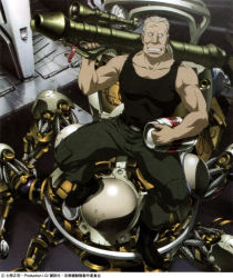 Rule 34 | 00s, 1boy, batou (gits), cyborg, ghost in the shell, ghost in the shell stand alone complex, hagure keg, highres, male focus, manly, mecha, mechanical parts, muscular, official art, ponytail, robot, rocket launcher, solo, tachikoma, weapon, white hair