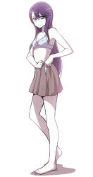 Rule 34 | 1girl, barefoot, bra, breasts, brown skirt, cleavage, closed mouth, collarbone, dressing, full body, grey bra, grey eyes, grey panties, heartcatch precure!, highres, long hair, miniskirt, ogry ching, open clothes, open skirt, panties, pleated skirt, precure, purple hair, sideboob, simple background, skirt, small breasts, solo, standing, straight hair, tsukikage yuri, underwear, very long hair, white background