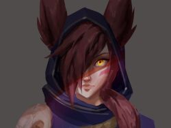 Rule 34 | 1girl, animal ears, closed mouth, ears through headwear, facial mark, hair over one eye, highres, hood, hood up, league of legends, long hair, looking at viewer, odanju, one eye covered, portrait, red hair, shoulder plates, simple background, skull, solo, xayah, yellow eyes