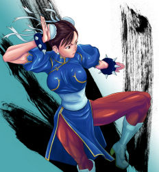 Rule 34 | 1girl, ajks, bad id, bad pixiv id, bracelet, breasts, brown eyes, brown hair, bun cover, capcom, chinese clothes, chun-li, double bun, earrings, female focus, fighting stance, hair bun, high heels, jewelry, large breasts, muscular, pantyhose, pelvic curtain, shoes, solo, spiked bracelet, spikes, street fighter
