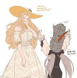 Rule 34 | 1other, 2girls, animal, animal on head, bare shoulders, blonde hair, braid, closed eyes, commentary, creature, dark souls (series), dark souls i, dishwasher1910, dress, embarrassed, english text, french braid, hat, height difference, helmet, highres, long hair, low twintails, meme attire, mercury (planet), multiple girls, neckerchief, ojou-sama pose, on head, open mouth, original, outstretched arms, personification, pluto (planet), praise the sun, puffy sleeves, purple hair, sketch, smile, sun, sun hat, sundress, sweatdrop, trembling, twintails, white background