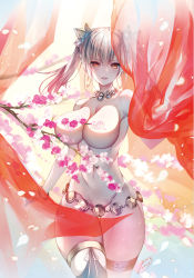 Rule 34 | 1girl, bare shoulders, blush, bracelet, braid, breasts, cleavage, commentary request, convenient censoring, dated, earrings, hair ornament, hoop earrings, huge breasts, jewelry, jin-guang sheng-pu, large breasts, long hair, looking at viewer, parted lips, petals, sennen sensou aigis, signature, silver hair, smile, solo, thigh strap, twintails, yellow eyes, yuasa akira