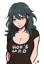 Rule 34 | 1girl, black shirt, blue eyes, breasts, byleth (female) (fire emblem), byleth (fire emblem), cleavage, fire emblem, fire emblem: three houses, green hair, kokomi (aniesuakkaman), large breasts, looking at viewer, nintendo, shirt, smile, solo