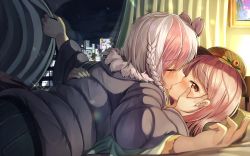 Rule 34 | 2girls, absurdres, bed, blush, braid, city lights, cityscape, closed eyes, curtains, hand on another&#039;s cheek, hand on another&#039;s face, hat, highres, jacket, kiss, lying, lying on person, multicolored hair, multiple girls, night, original, profile, single braid, wanashi tam, yuri