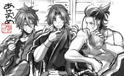 Rule 34 | 10s, 3boys, ^ ^, bad id, bad pixiv id, blush, choko (cup), closed eyes, cup, closed eyes, gourd, grin, happy new year, japanese clothes, male focus, monochrome, multiple boys, new year, nihongou (touken ranbu), open mouth, otegine, ponytail, routo, smile, tank top, tonbokiri (touken ranbu), touken ranbu, translation request