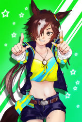 Rule 34 | 1girl, :d, alternate eye color, artist name, belt, black jacket, black pants, brown eyes, brown hair, buongforest, crop top, green background, grin, hair over one eye, highres, horse girl, horse tail, jacket, long hair, long sleeves, looking at viewer, midriff, navel, open mouth, pants, ponytail, shirt, smile, solo, star (symbol), stopwatch, stopwatch around neck, tail, teeth, two-tone background, umamusume, vodka (umamusume), white background, yellow shirt