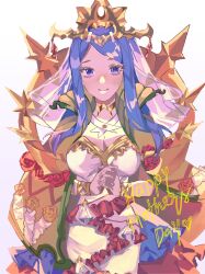 Rule 34 | 1girl, blue eyes, blue hair, boatdahlia, closed mouth, crown, dress, fire emblem, fire emblem engage, flower, frilled dress, frills, highres, long hair, looking at viewer, lumera (fire emblem), nintendo, own hands clasped, own hands together, solo, veil, white background, white dress