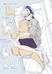Rule 34 | ..., 1girl, barefoot, commentary, commentary request, couch, danaka, dinosaur, fetal position, flower (vocaloid), from above, frown, grey shirt, holding, holding stuffed toy, looking at viewer, lying, multicolored hair, on side, purple hair, purple shorts, red eyes, sauropod, shirt, short hair, shorts, solo, spoken ellipsis, streaked hair, stuffed animal, stuffed toy, translation request, flower (vocaloid4), vocaloid, white hair