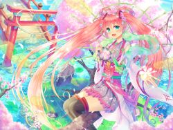 Rule 34 | 1girl, :d, aqua eyes, bad id, bad pixiv id, bridge, cherry blossoms, detached sleeves, flower, gradient hair, hair flower, hair ornament, hatsune miku, holding, in tree, japanese clothes, lily pad, long hair, looking at viewer, multicolored hair, open mouth, outstretched arm, petals, pink hair, sakakidani, sakura miku, shide, sitting, sitting in tree, smile, solo, spring (season), thighhighs, torii, tree, twintails, very long hair, vocaloid, water