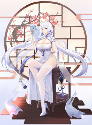 Rule 34 | 1girl, absurdres, azur lane, blue eyes, blush, breasts, cleavage, dido (magicc), dress, flower, full body, garter straps, hair flower, hair ornament, hairclip, hand fan, high heels, highres, holding, holding fan, illustrious (azur lane), illustrious (maiden lily&#039;s radiance) (azur lane), large breasts, lipstick, long hair, looking at viewer, makeup, mole, mole under eye, nail polish, official alternate costume, open mouth, parted lips, pumps, red lips, red nails, shoes, silver footwear, sitting, solo, stiletto heels, table, thighhighs, thighs, very long hair, white dress, white footwear, white hair, white thighhighs, window