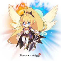 Rule 34 | absurdres, angel wings, armor, blonde hair, blue eyes, boots, chibi, clear (djmax), closed mouth, djmax, eyes visible through hair, feathered wings, flying, gloves, hair between eyes, hair ornament, high ponytail, highres, holding, holding sword, holding weapon, long hair, mamo c, maplestory, moon, non-web source, source request, sun, sword, weapon, wings, yellow wings