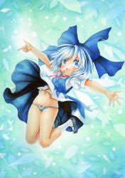 Rule 34 | 1girl, blue dress, blue eyes, blue hair, blue panties, bow, cirno, clothes lift, colored pencil (medium), dress, dress lift, fang, hair bow, jumping, lowleg, lowleg panties, mary janes, matching hair/eyes, mosho, navel, open mouth, outstretched arms, painting (medium), panties, puffy short sleeves, puffy sleeves, shirt, shoes, short sleeves, skindentation, smile, solo, touhou, traditional media, underwear, watercolor (medium)